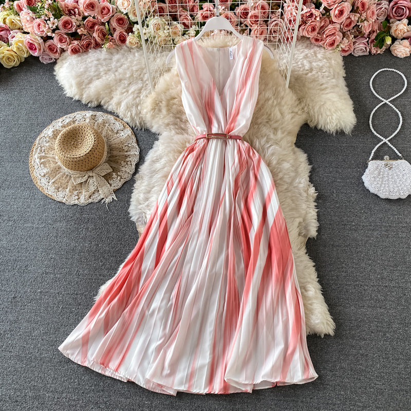 Gradient V-neck sleeveless dress temperament long skirt  3182