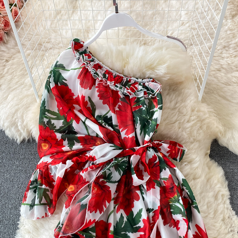 Slant neck one side off shoulder lace up Printed Dress  3195