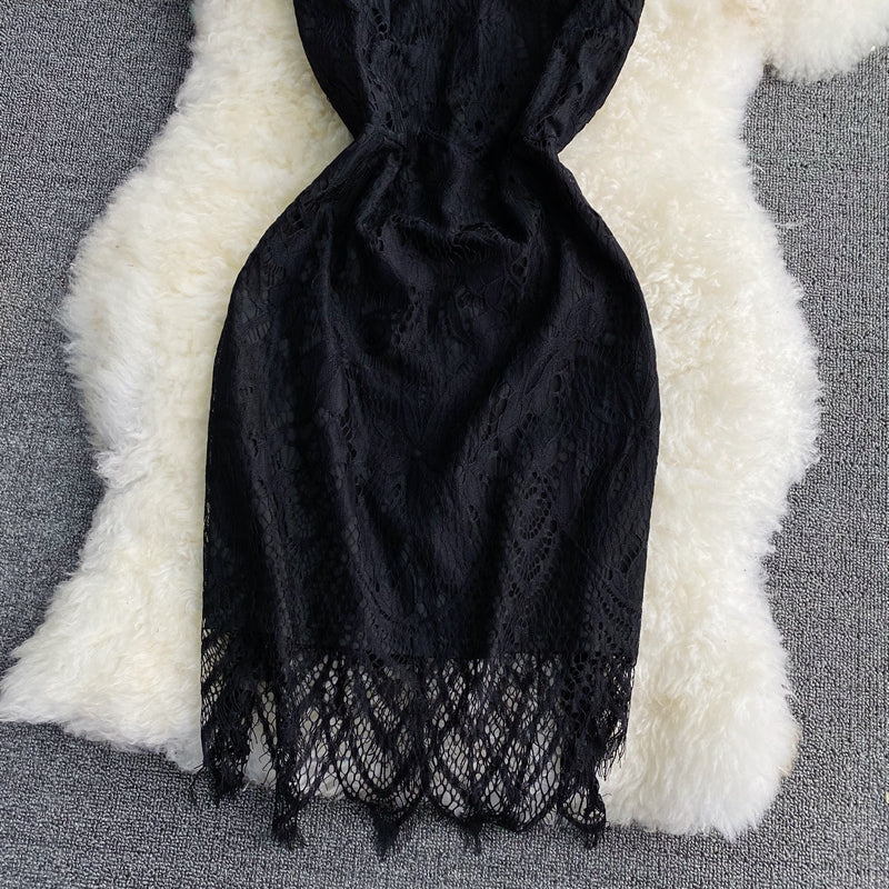 Neck off shoulder black lace Hip Wrap Dress  3044