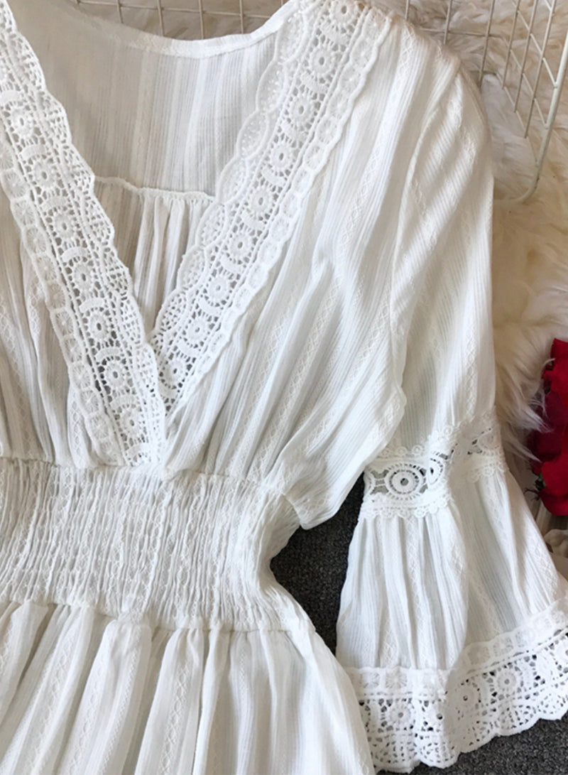 A line white hollow lace dress summer dress  1206