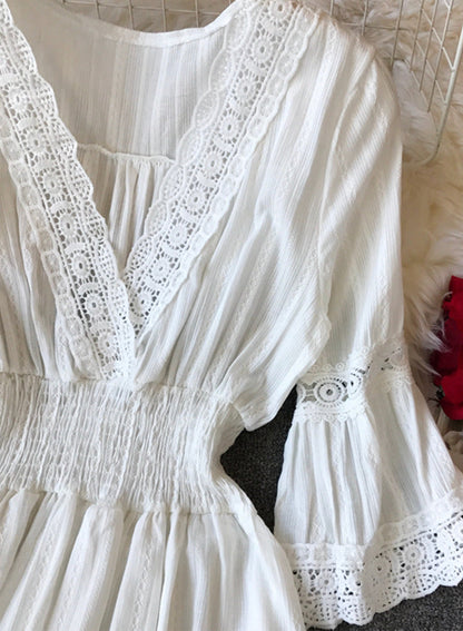 A line white hollow lace dress summer dress  1206