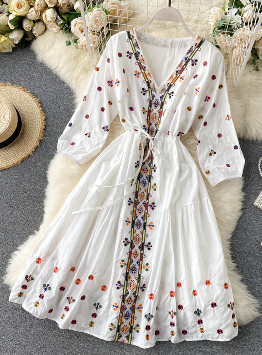 A line v neck embroidery long sleeve dress  1179