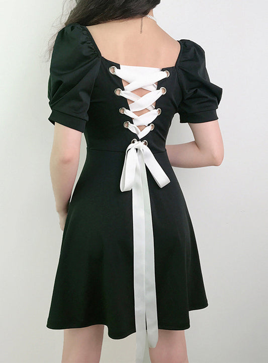 A line puff sleeve little dress black dress  1184