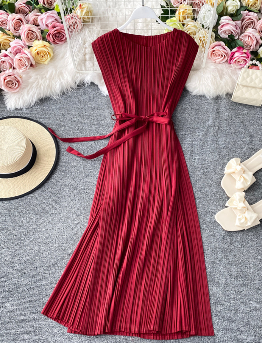 A line sleeveless pleated dress women's dress  1170