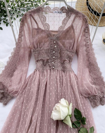 A line tulle lace long sleeve dress fashion dress  1072