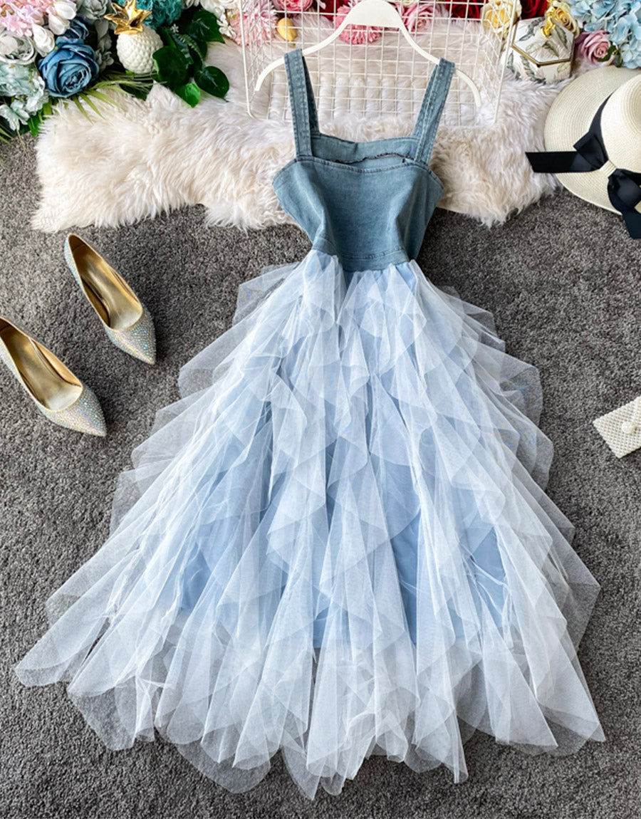 A line denim stitching dress summer dress  1123