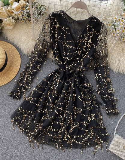 A line v neck tulle sequins dress long sleeve dress  1119
