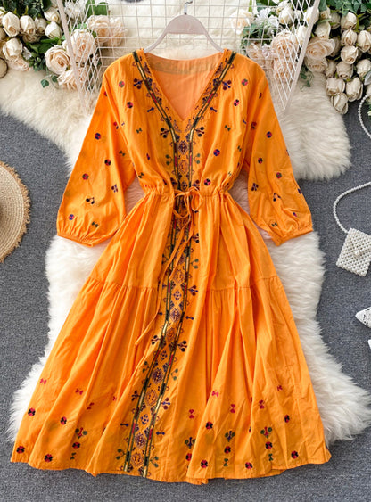 A line v neck embroidery long sleeve dress  1179