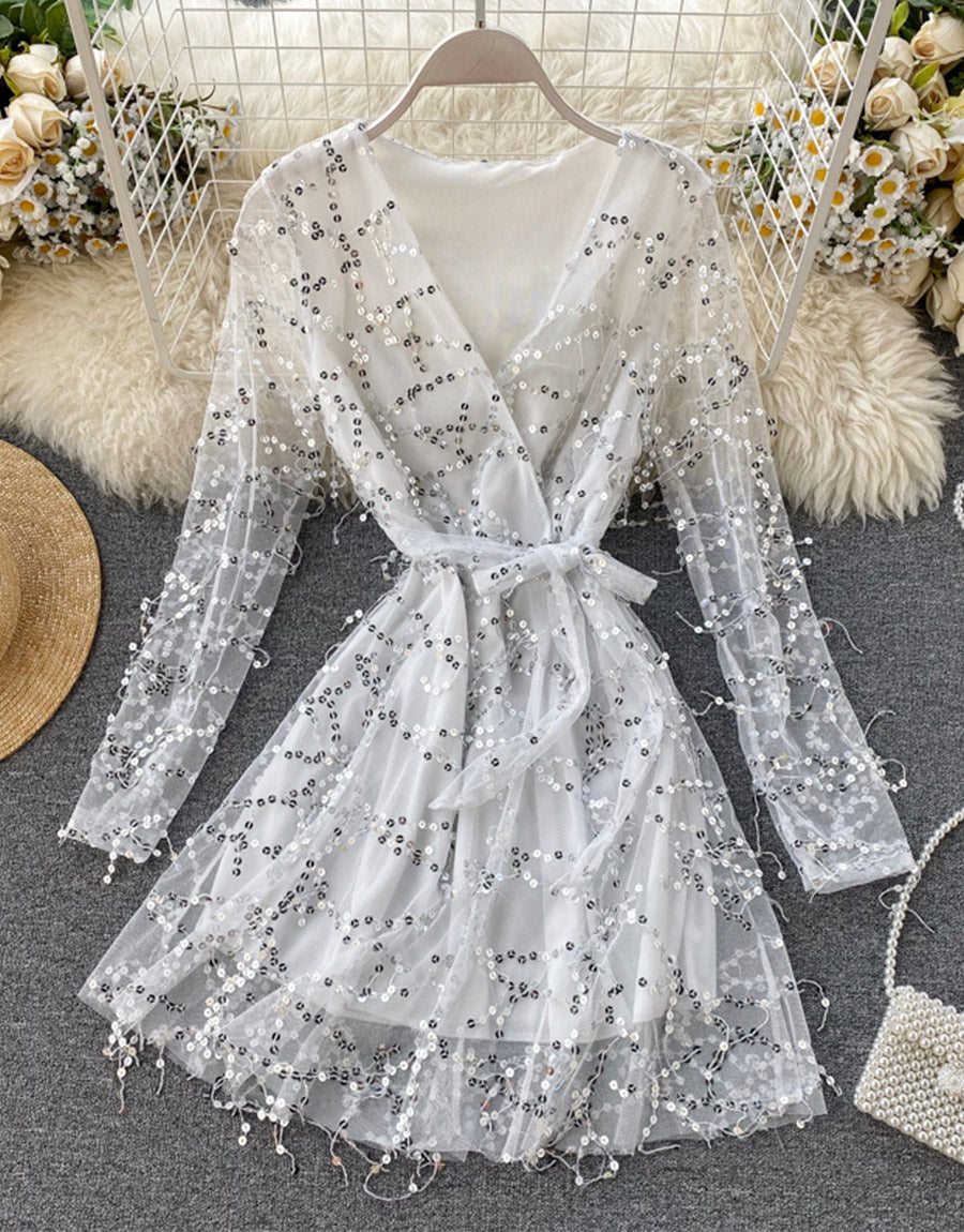 A line v neck tulle sequins dress long sleeve dress  1119