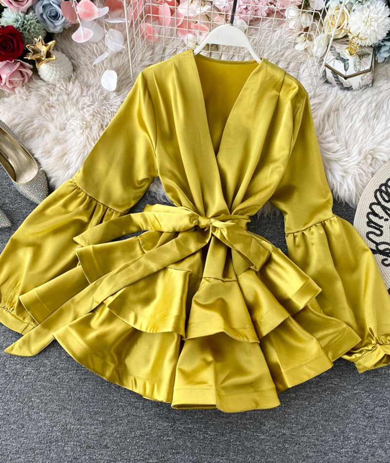 A line v neck satin short dress  988