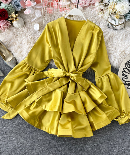 A line v neck satin short dress  988