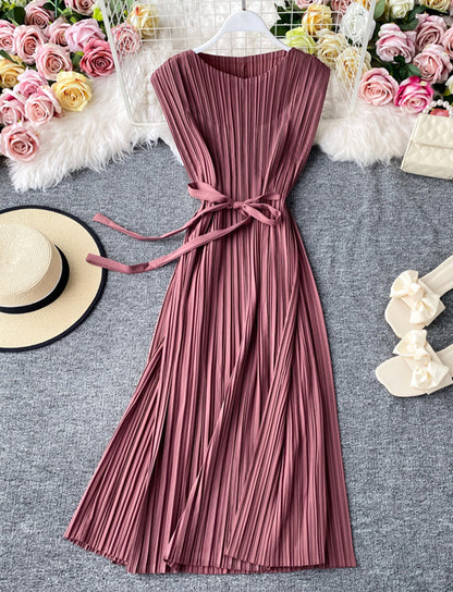 A line sleeveless pleated dress women's dress  1170