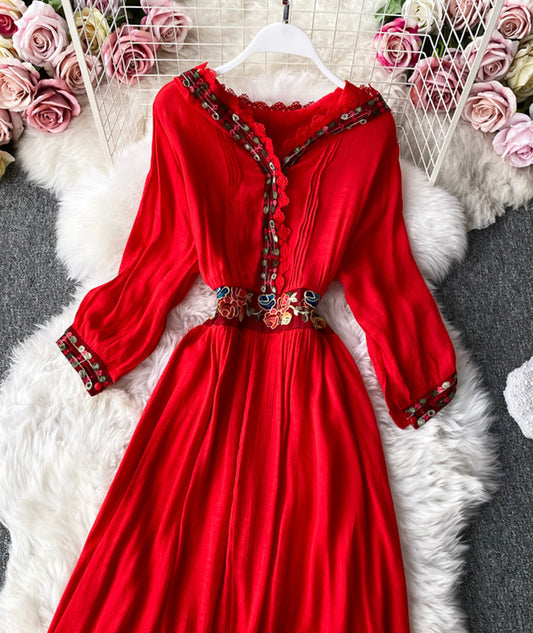 A line v neck lace long sleeve dress  995
