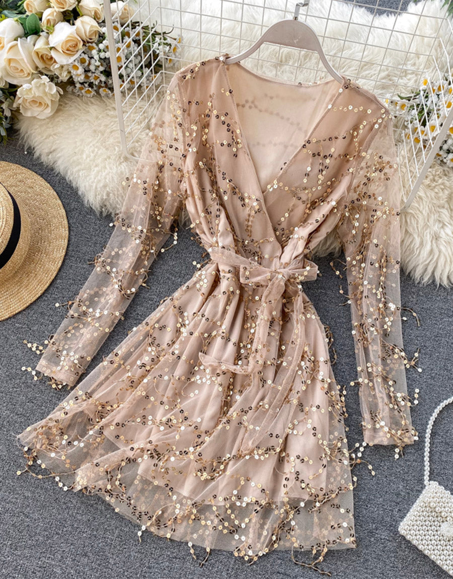 A line v neck tulle sequins dress long sleeve dress  1119
