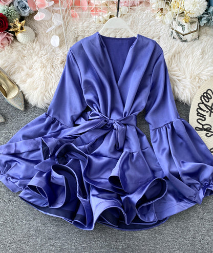 A line v neck satin short dress  988