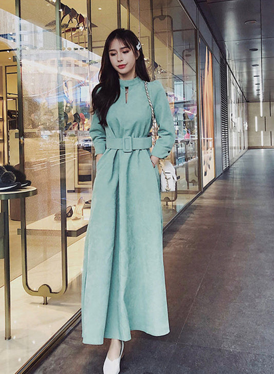 Green A line autumn dress  1067