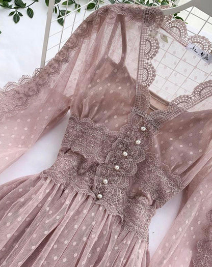 A line tulle lace long sleeve dress fashion dress  1072