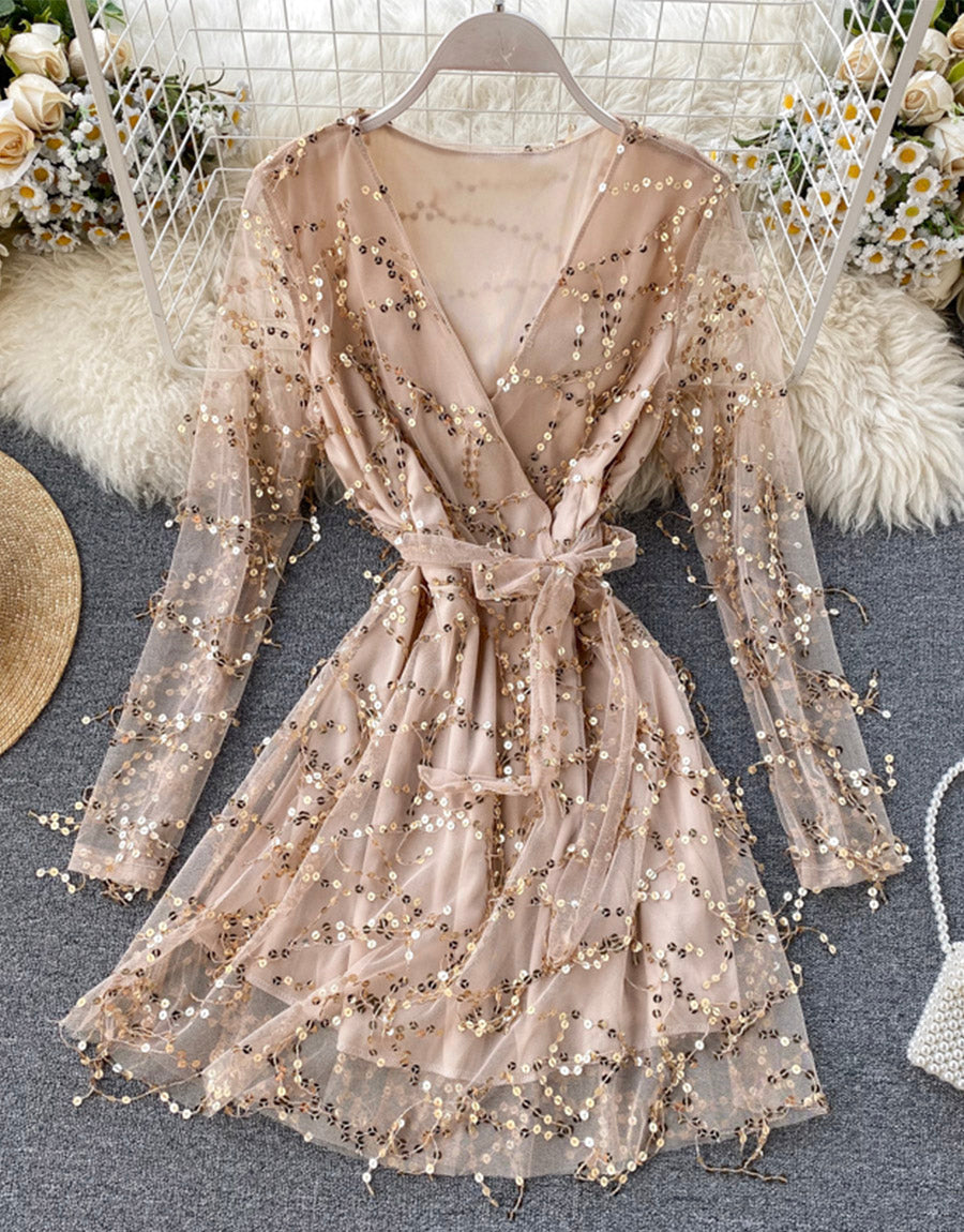 A line v neck tulle sequins dress long sleeve dress  1119