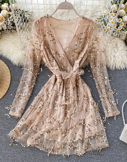 A line v neck tulle sequins dress long sleeve dress  1119