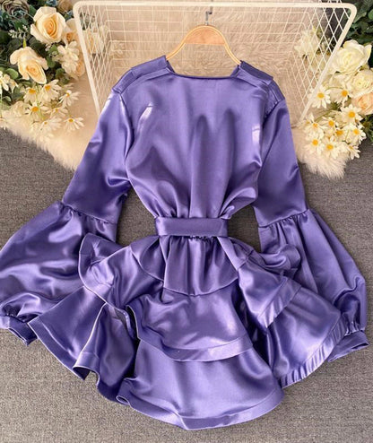 A line v neck satin short dress  988