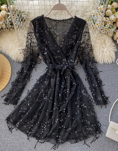 A line v neck tulle sequins dress long sleeve dress  1119