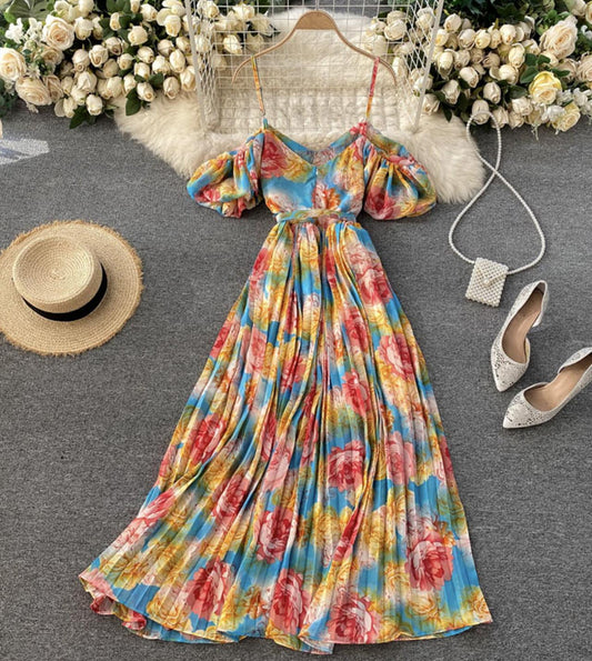 A line v neck floral dress fashion dress  770