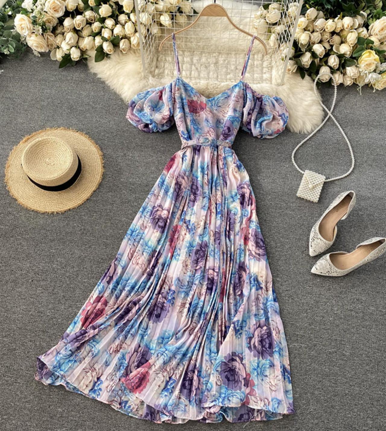A line v neck floral dress fashion dress  770