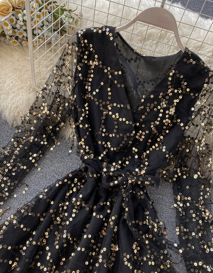 A line v neck tulle sequins dress long sleeve dress  1119