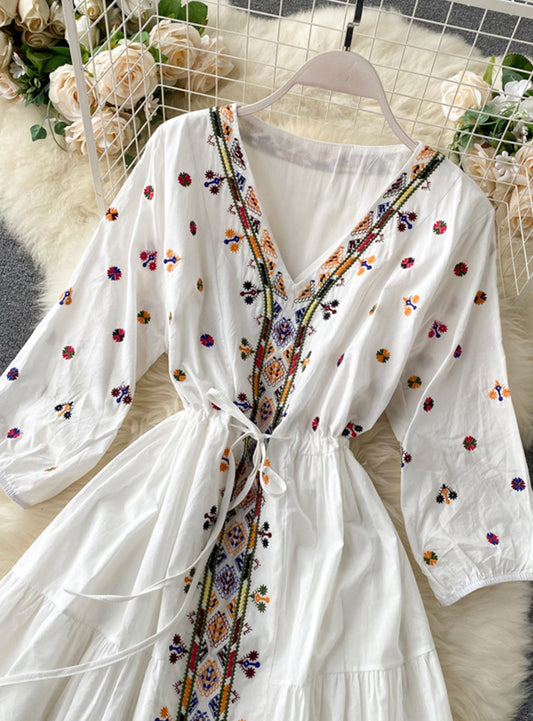 A line v neck embroidery long sleeve dress  1179