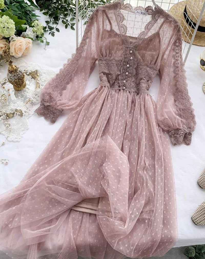 A line tulle lace long sleeve dress fashion dress  1072