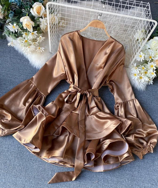 A line v neck satin short dress  988