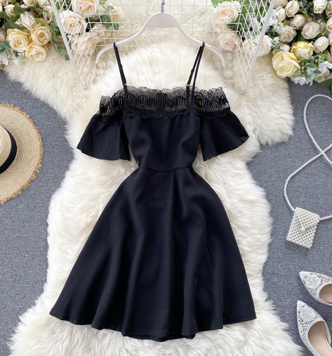Cute black lace short dress A line off shoulder dress  742