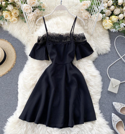 Cute black lace short dress A line off shoulder dress  742