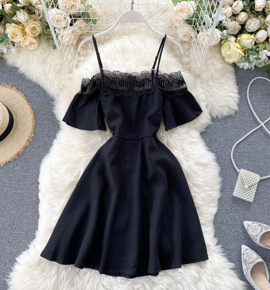Cute black lace short dress A line off shoulder dress  742