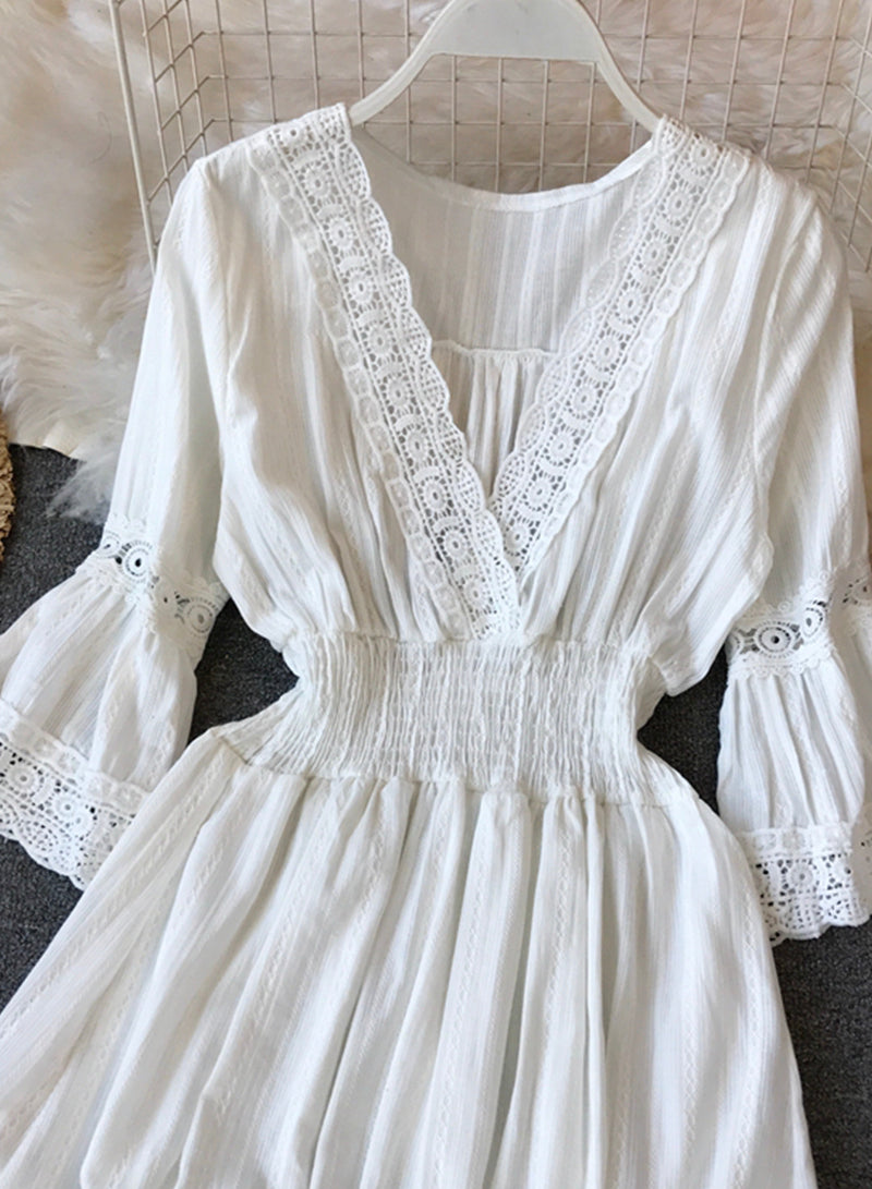 A line white hollow lace dress summer dress  1206