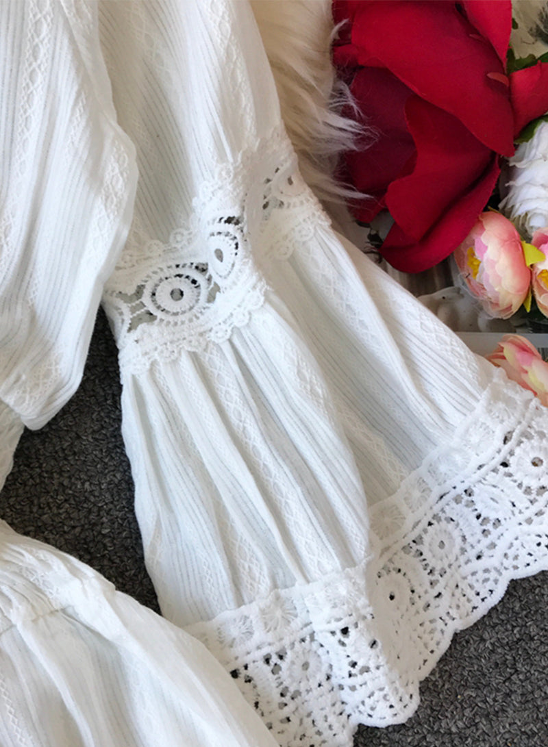 A line white hollow lace dress summer dress  1206