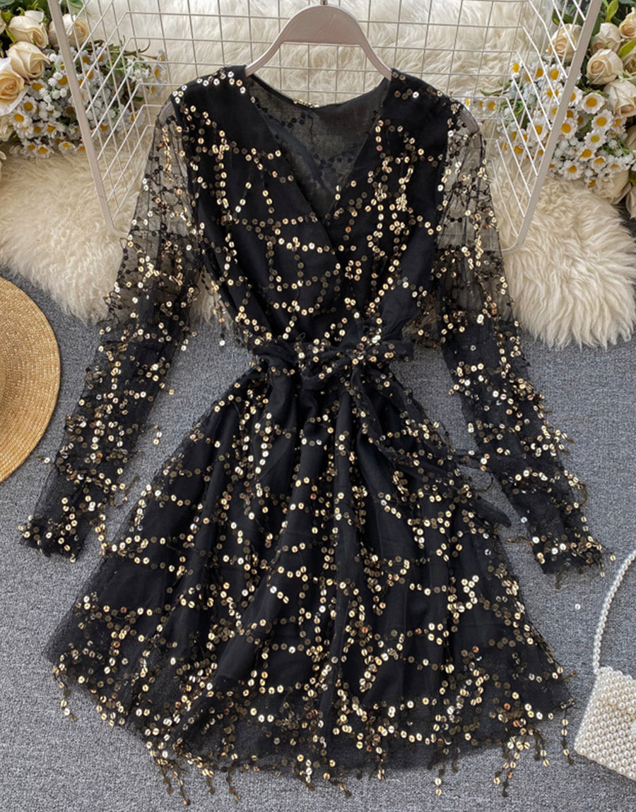 A line v neck tulle sequins dress long sleeve dress  1119