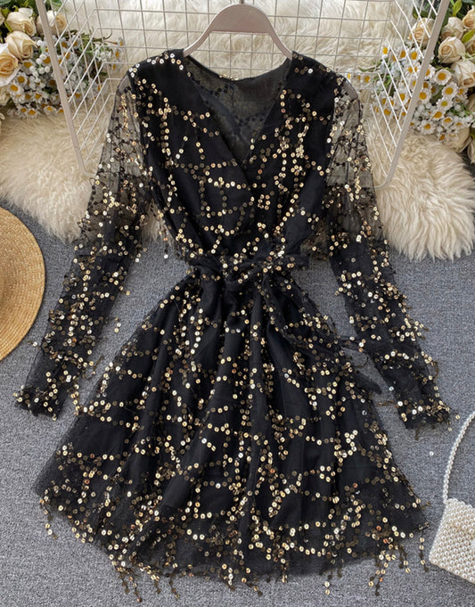 A line v neck tulle sequins dress long sleeve dress  1119
