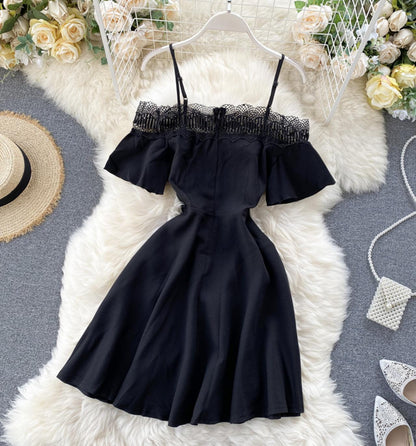 Cute black lace short dress A line off shoulder dress  742