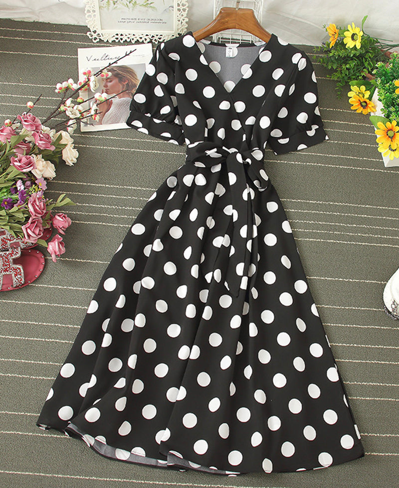 A line v neck polka dot dress fashion dress  1073