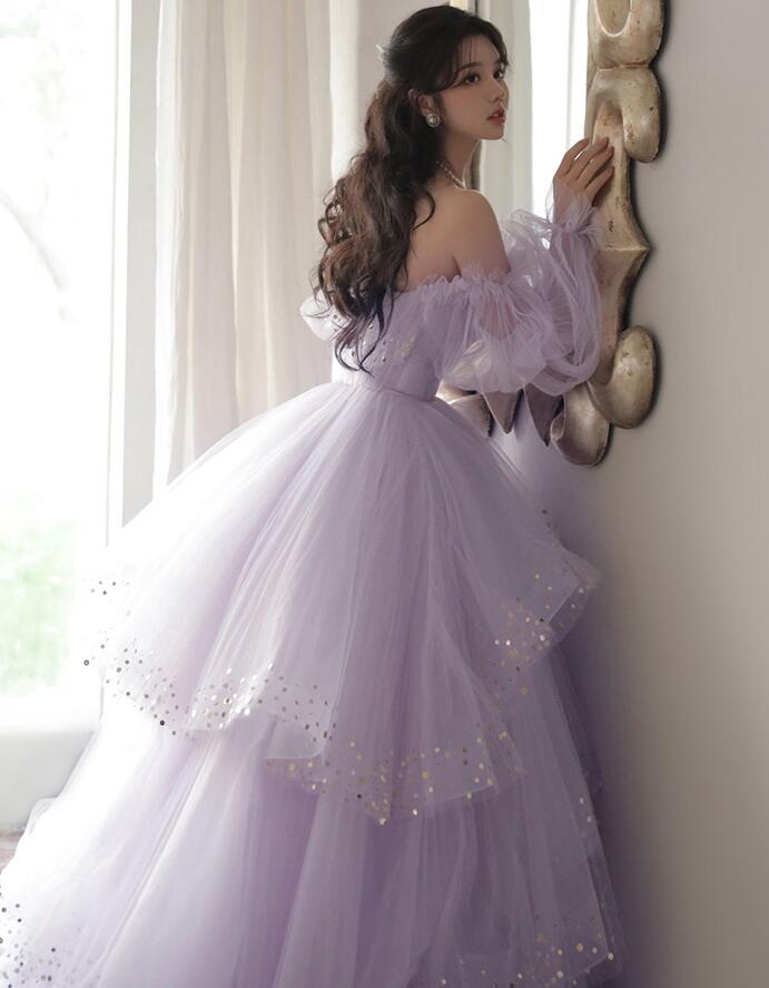 Vestido de fiesta de princesa con capas de tul color lavanda, vestido largo de celebridad para cumpleaños