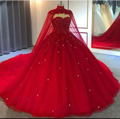 Vestido de novia rojo con cristales y escote en V para quinceañera, vestido de fiesta con cola.