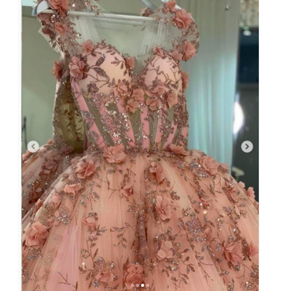 Pink 3D Flower See-through Tulle Puffy Ball Gowns Quinceanera Dresses GP350
