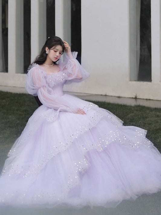 Vestido de fiesta de princesa con capas de tul color lavanda, vestido largo de celebridad para cumpleaños