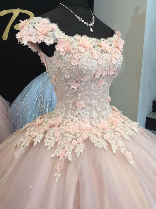 Vestidos largos de quinceañera color champán claro para dulces 16, vestidos de gala con flores