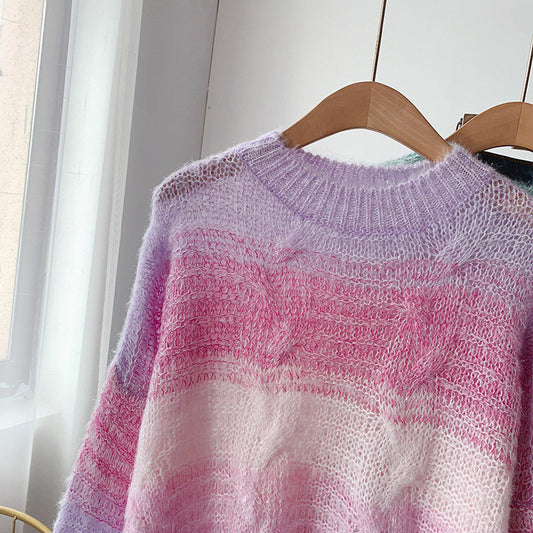 Gradient soft waxy color knitted Mohair loose Pullover Sweater  5078
