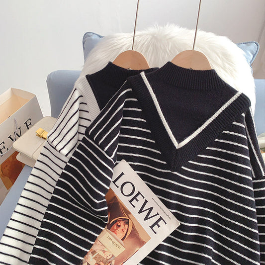 Half high collar fake two sweaters lazy wind stripe sweater  5013