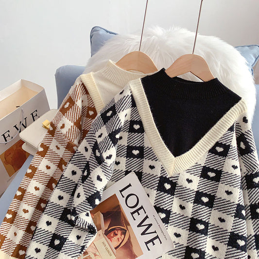 Half turtleneck sweater design fake two-piece sweater top  4964