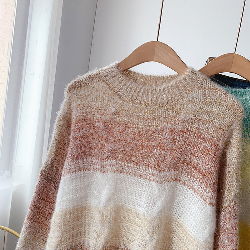 Gradient soft waxy color knitted Mohair loose Pullover Sweater  5078