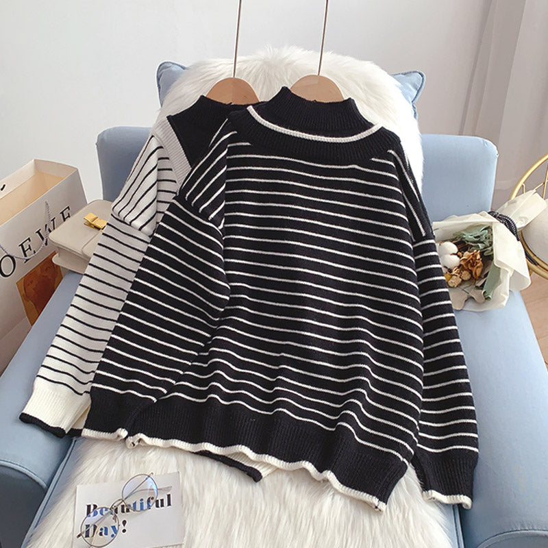 Half high collar fake two sweaters lazy wind stripe sweater  5013